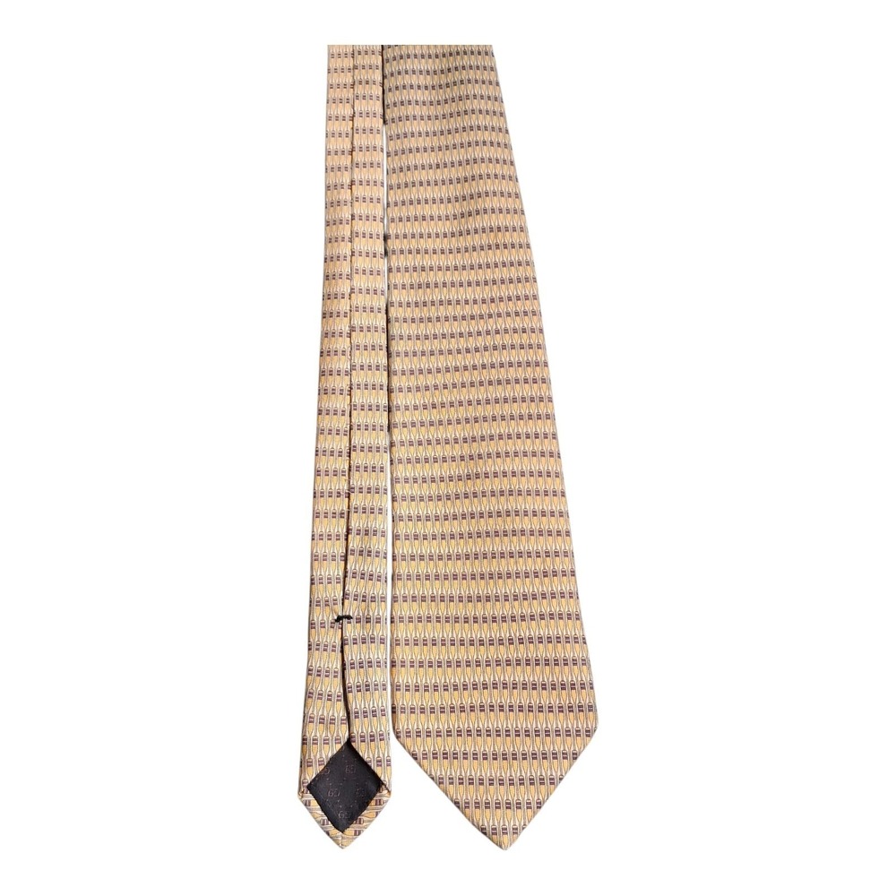 Vintage Gucci 58 X 4"" Brown Geometric Silk Made In Italy Neck Tie - Picture 4 of 11